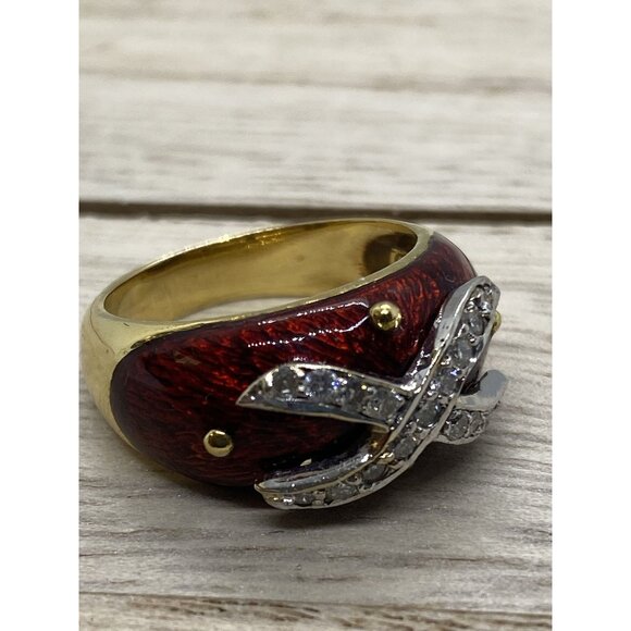 Hidalgo 18K 750 Yellow Gold Diamond Enamel Ring Size 6.5 - Picture 3 of 10